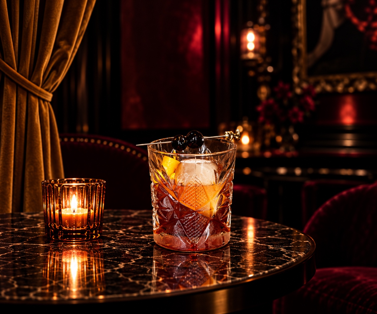 A Bad Rabbit cocktail, shot dark and close on marble.